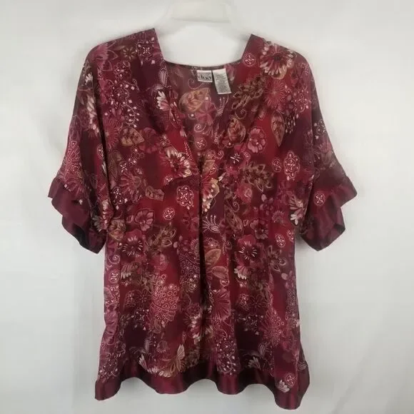 DUO MATERNITY SIZE L. 100% POLYESTER. BEAUTIFUL BURGANDY FLORAL W/SATIN LIKE HEM - Picture 15 of 15